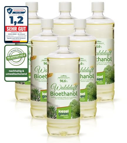 KieselGreen Bioethanol 6 x 1 Liter mit Duft für Ethanol-Kamin, viele Sorten - Bio Ethanol als Raumduft in vielen Duftnoten - Parfüm für Bio Ethanol Kamin Indoor oder Bioethanol Tischfeuer (Waldduft)