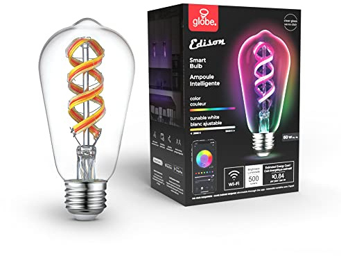 Globe Electric 35847 Wi-Fi Smart 7W (60W Equivalent) Spiral Filament Multicolor Changing RGB Tunable White Clear LED Light Bulb, No Hub Required, Voice Activated, 2000K - 5000K, ST19 Shape, E26 Base