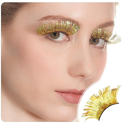Dorisue Federwimpern – Goldmetallischer Großer Fächer, dramatische falsche Wimpern für Silvester, Gala, Bühne, Burlesque und Editorial, wiederverwendbar