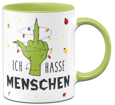 Tassenbrennerei Grinch Tasse mit Spruch: Ich hasse Menschen - Motiv Hand mit Lichterkette - Weihnachtstasse, Kaffeetasse lustig (Hellgrün)