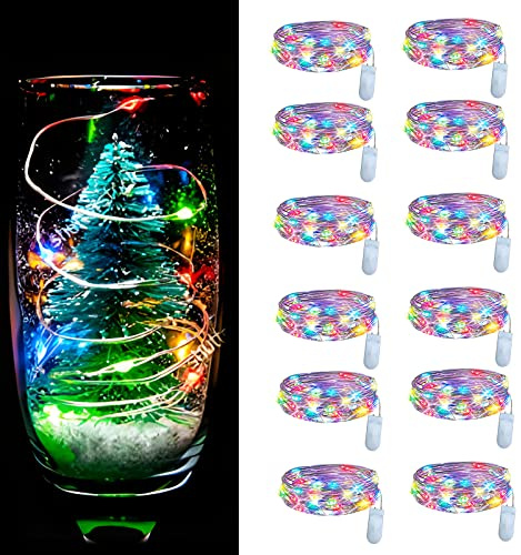 Dufuso 12 x 20er LED Lichterkette Batterie bunt weihnachtsbeleuchtung, Mini led lichterkette mit batterie CR2032, 2M Kupfer Drahtlichterkette Wasserdichte-Bunte-zum Party Hochzeit Ostern Garten