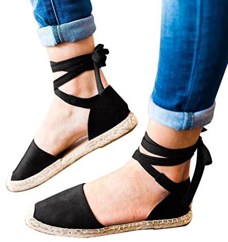 Sandalen Damen Sommer Leder Keilsandalen Absatz Espandrillos Frauen Schuhe Sommermode Freizeitschuhe Flache Schnürung Freizeit römische Sandalen Damen Slippers Espadrilles mit Plateau Spitze Bast