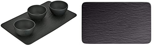 Villeroy und Boch - Manufacture Rock Set Dipschälchen 4tlg, & Villeroy und Boch - Manufacture Rock Multifunkionsteller rechteckig, moderner Speiseteller aus Premium Porzellan, schwarz