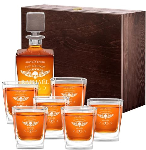 Maverton Set Whisky personnalisable, Ensemble de Carafe et verres gravés | Carafe 810 ml et 6 verres de 250 ml pour lui, meilleur copain, Service Whiskey pour papa, Cadeau anniversaire homme, Année