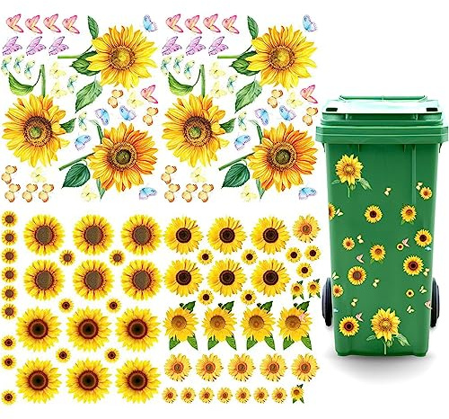 Wheelie Bin Stickers Flowers, 4 Sheets Sunflower Dustbin Sticker Self Adhesive Butterfly Bin Sticker Waterproof Wheelie Bin Labels Sunflower Stickers for Bins