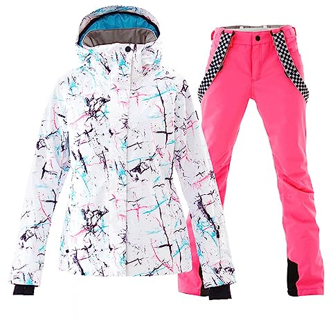 ALSOGO Damen Skianzug Schneeanzug Winddicht Wasserdicht Skifahren Snowboardjacke Trägerhose Set Zum Skifahren Snowboarden Klettern SMNWT+Pink XS