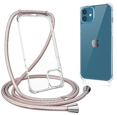 ZTOFERA Crossbody Lanyard Case for iPhone 12 / iPhone 12 Pro (6.1), Ultra Clear Hard Back with Soft Bumper Protective Phone Case with Strap Adjustable Neck Cord Necklace Shockproof Cover, Rose Gold