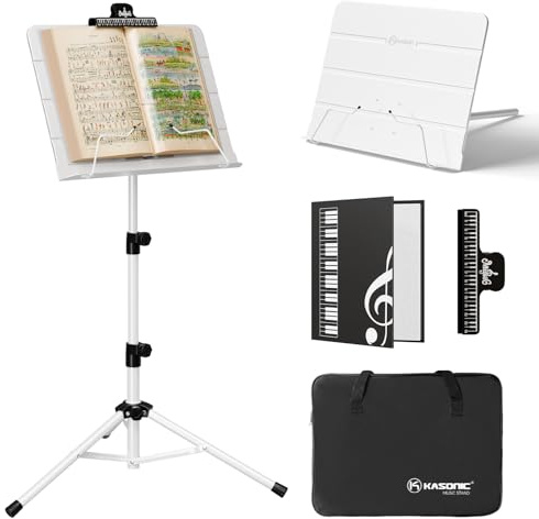 K KASONIC 2-in-1-Klapp-Notenständer mit doppeltem Verwendungszweck und Desktop-Bücherständer mit tragbarer Tragetasche und Notenhalte