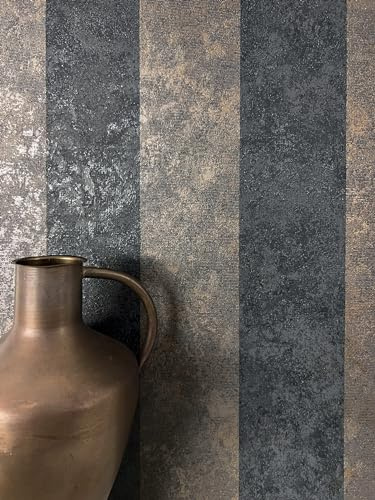 Newroom Vliestapete Schwarz Streifen Betonoptik Metallic Loft Tapete | anthrazit mit bronze-kupfer Schimmer changierend, grob verwittert, Mustertapete, Wandtapete, Industrial, Luxus, Flur
