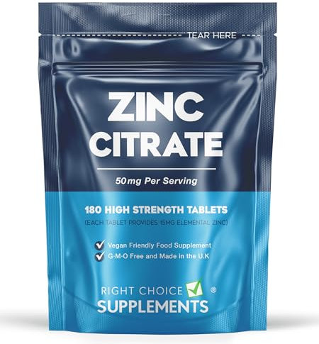Zinc Citrate 50mg Tablets – 180 High Strength Vegan Tablets (6 Months Supply) – Highly Absorbable Zinc Supplements for Maintenance of Normal Immune System, Bones, Hair, Skin & Nails – Made in UK
