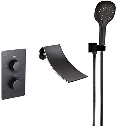 Thermostatische Badewannenarmatur Schwarz, Wasserfall-Badewannenarmatur mit Handbrause 3 Modi, Wandmontage-Badewannenarmatur, Einhebel-Wannenfüller, Badewannen-Duschmischbatterie