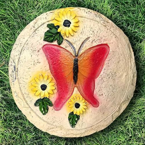 Trittsteine für Garten 9,5 Runde Kleine Trittsteine für Gehwege Im Freien, Rot-blauer Schmetterlingsblumen-dimensionaler Trittstein für Gartenhofrasen, Weg mit Farbenfrohem Dekor(Color:E,Size:3PCS)