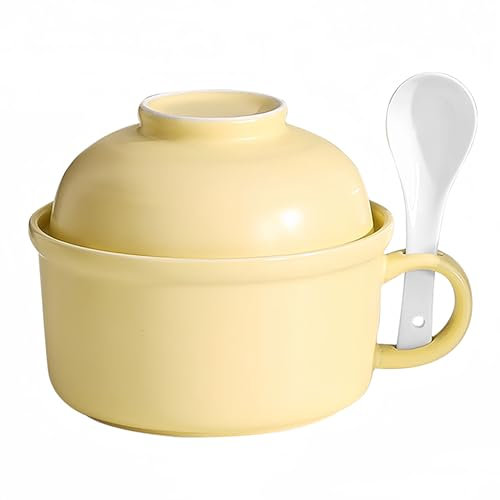 Dowbom Tazón de fideos de color sólido con tapa, cuenco con asa, taza de sopa con tapa, cuenco de sopa para microondas (amarillo, 23 onzas)