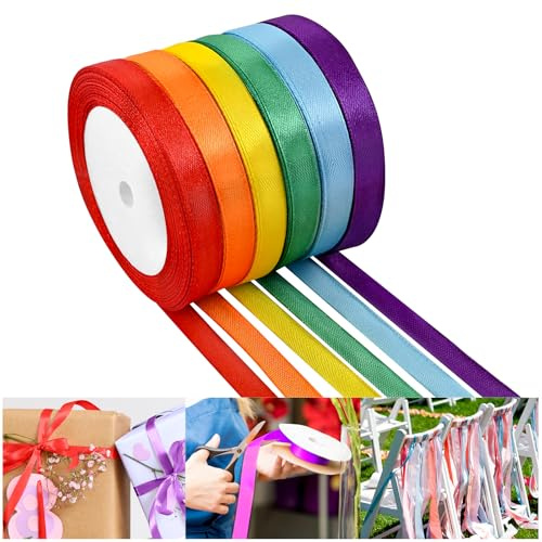 NACHLYNN 150 Yards Rainbow Satin Ribbon Wide Polyester Fabric Ribbon Use for Gift Wrap Wedding Bridal Baby Shower Bows Decor Flower Bouquet Crafts (Rainbow, 3/8 inch)