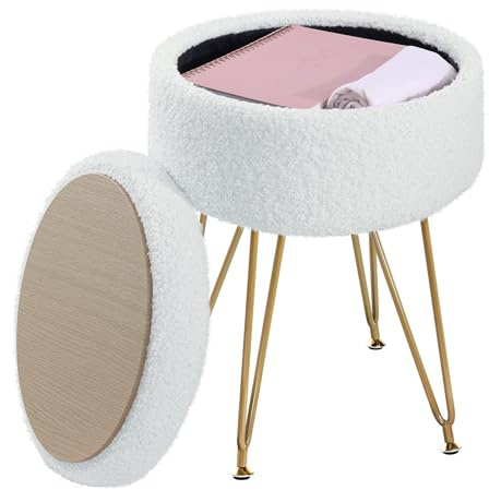ABHENG Rotondo Pouf Contenitore, Sgabello da trucco in pelliccia di teddy artificiale con spazio di archiviazione, Pouf sgabello da divano, 4 Gambe in Metallo, 32x32x44 cm, Bianco Crema, ASND51W