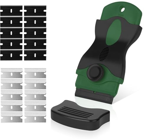 Flintronic Raspador Vitroceramica, con 20 Cuchillas de Repuesto, Verde | Limpieza de Alta Eficiencia, Multiusos, con Cubierta de Seguridad, para Rascar Etiquetas, Adhesivos, Calcomanías en Vidrio