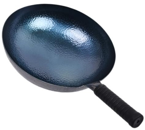 MAGICLULU Poêle Wok Traditionnelle Fer Forgé Sans Revêtement Poêle à Frire Robuste Avec Manche Isolant Compatible Gaz Et Feux Ouverts Pour Cuisine Maison