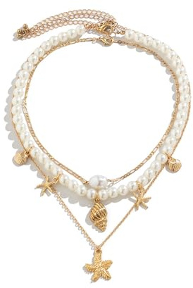 AOWVUTS Chaîne dorée pour femme - Collier de perles - Étanche - Longue chaîne avec pendentif - Hypoallergénique - Boho - Empilable - Chaîne dorée - Bijou de plage pour femmes et filles, Eine Größe