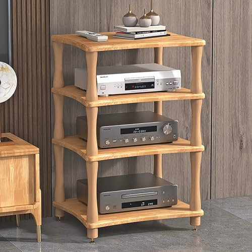JIAOCKJIAO Audio Rack Hi Fi Regal, Record Player Stand aus Massivholz, Hi Fi Racks mit Stoßdämpfenden Fußnägeln aus Kupfer, Plattenspieler Regal, für Zuhause, Büro(Natural,4 Tier 60x48x86CM)
