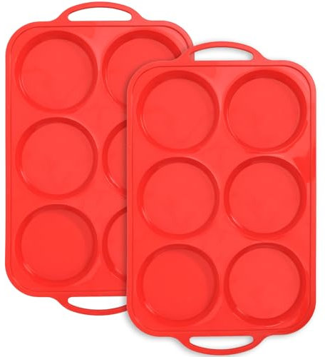 Toeusog 4 Inch Muffin Top Pan Non Stick with Metal Frame, Silicone Egg Molds for Breakfast Sandwiches, Large Round Whoopie Pie Baking Pan with Handle for English Muffin, Egg Bite and Oven, Red
