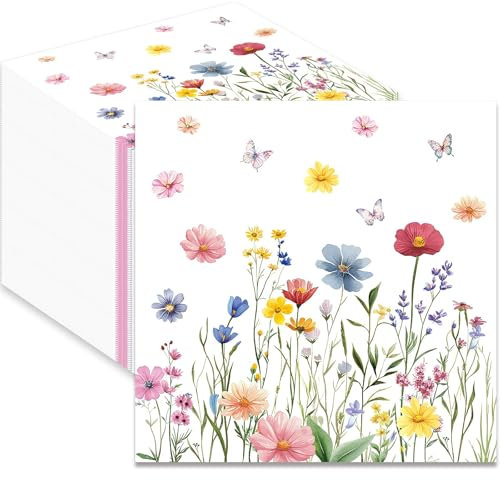 JULMELON 100 Servietten Frühling, Papierservietten mit Blumen Servietten Blumenwiese Schmetterlinge Servietten Blumenmuster für Frühling Geburtstage Partys Hochzeiten Feiern