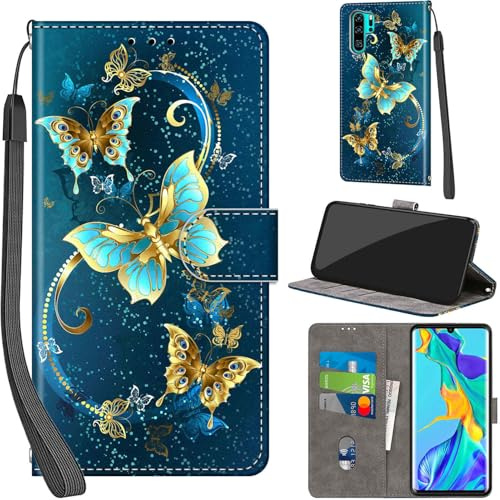 Handyhülle für Huawei P30 Pro Leder Wallet Tasche Wald | 3 Kartenfächer & 1 Geldfach, Magnetverschluss, Ständerfunktion, robuste premium PU leder klapphülle für Huawei P30 Pro