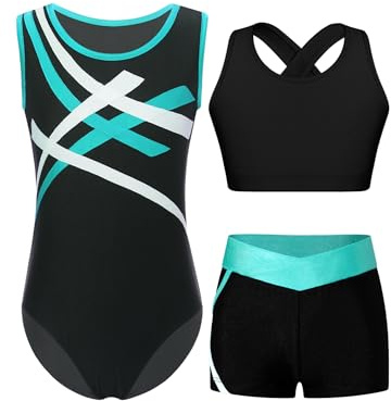 Yruioon 3 Stück Mädchen Turnanzug Ärmellos Gymnastikanzug Streifen Gymnastik Leotard + Sport BH Tops + Shorts Turnen Gymnastik Kleidung