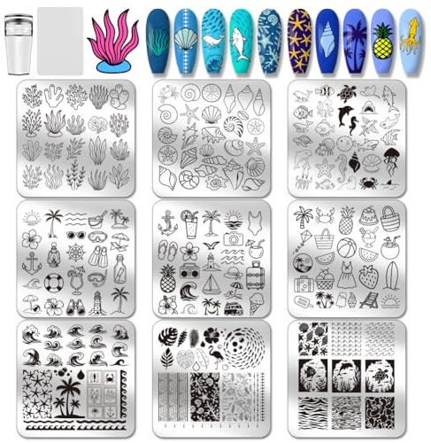 PH PandaHall 9pcs Plaques D'Estampage D'Ongles Sur le Thème de L'Océan Pochoirs D'Art D'Ongle D'Algues de Coquillages Modèles D'Art de Manucure D'Animaux Marins pour L'Été Femmes Manucures Salon