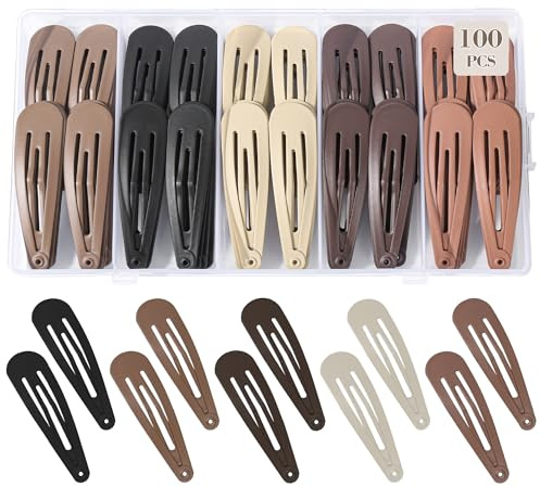 100Pcs Snap Hair Clips Hair Barrettes For Women Girls, No-Slip Metal Hair Snap Clips Accessories, Hairpins Matte 5 Colors, 2 x 0.55 Inch