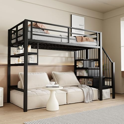 Dolamaní Hochbett mit Stauraum Sicherheit Treppe und Regal, Großer Raum unter dem Bett, Metalbett Bettrahmen ohne Matratze (Schwarz A, 90x200 cm)
