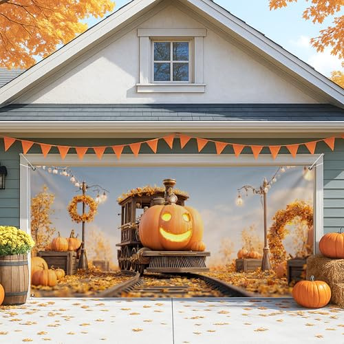 Cubierta vintage para puerta de cochera de tren de calabaza, grandes decoraciones de otoño para Halloween y Acción de Gracias, decoración al aire libre, fondo de fiesta temática de otoño, 157 x 71