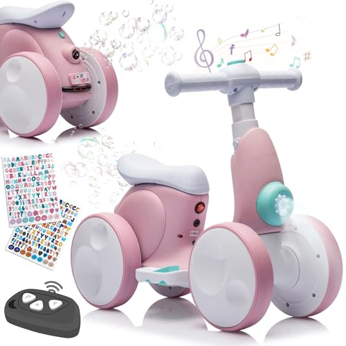 Laufrad Elektrisch 6V ab 1-4 Jahre mit Seifenblasenmaschine für Jungen Mädchen, 4 in 1 Kinder Fahrrad für 12-48 Monate mit Musik, LED-Lichter, Geschenk für Geburtstag, Weihnachten, Rosa-weiß