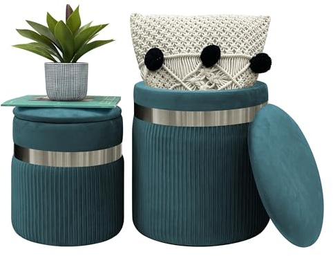 IlGruppone Set di 2 Pouf Contenitori in Velluto Design Moderno Poggiapiedi,Tondo con Coperchio Rimovibile e Seduta Imbottita - Petrolio