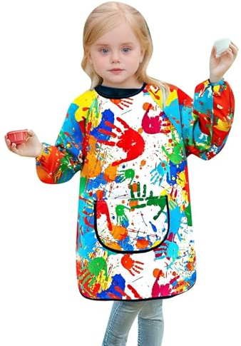 Malkittel Kinder Malschürze 2-12 Jahre Schule Kind Tuschkittel Wasserdicht Bastelschürze mit Ärmeln und Big Taschen für Basteln Malen Backen Kochen