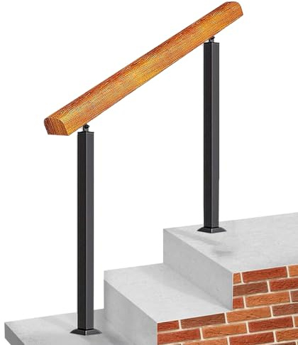 Kit de barandilla exterior para escaleras exteriores Barandilla interior de hierro con acabado de madera para porches de hormigón (90cm/35.4in)