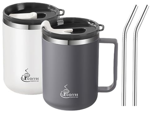 Ensemble de 2 tasses à café isothermes en acier inoxydable VEGOATY avec poignée et paille : tasses à café isothermes à double paroi de 430 ml avec poignée et curseur, tasses de camping réutilisables e