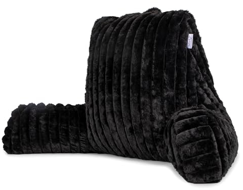 Aamira Reading Pillow, Memory Foam, Faux Fur Ribbed Cover, Black | 48 x 44 x 87cm reading pillow with adjustable memory foam, armrests, carry handle, rear pocket and ribbed faux fur cover.