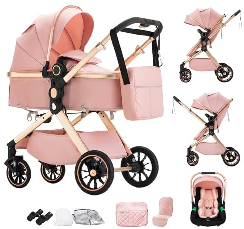 Shineey 3 in 1 Baby Stroller with Height Adjustable Handle,3 in 1 Prams Travel System, Lightweight Foldable Pushchair, Prams with Aluminum Frame for Portable Baby Carriage (U9-X//Pink, U9-X)
