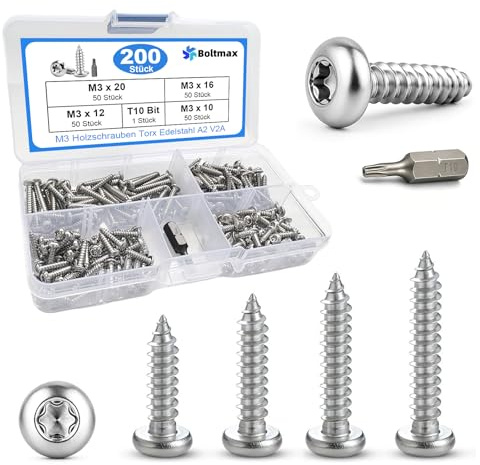 Boltmax 200 Stück Holzschrauben Set, Torx Schrauben M3 Blechschrauben | Edelstahl A2 V2A, Linsenkopfschrauben Holz mit Bit, Vollgewinde Edelstahlschrauben Set