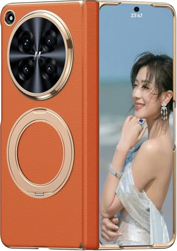 Cellphone Leather Case for OPPO Find N6, Hinged Cover for OPPO Find N 6, Bracket, Mobile Phone Shell, Support Frame, Cowhide Holster Orange