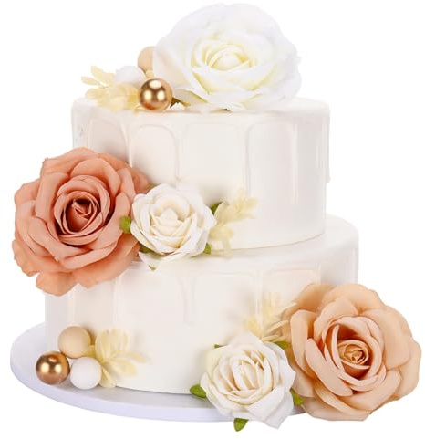 Wondertic Boho Cake Decorations Artificial Flower Cake Topper Gold Balls and Khaki Balls White Leaves for Birthday Party Wedding Bridal Engagement Baby Shower (Khaki)