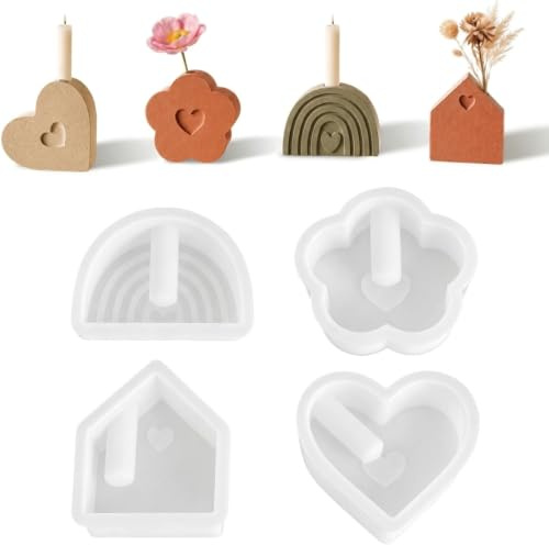 lrgnixs 4 Stück Gießformen Silikon, Silikonformen Gießformen Kerzenhalter | Kerzenformen DIY Vases Resin, Haus Regenbogen Gießform Kerzenhalter Herz Gipsformen für Teelichter Blumenarr