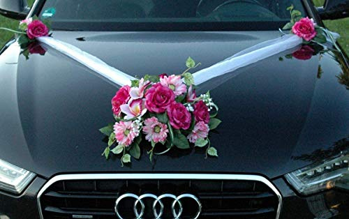 Autoschmuck Spitze STRAUß Auto Schmuck Braut Paar Rose Deko Dekoration Hochzeit Car Auto Wedding Deko PKW (SS GER Pink)