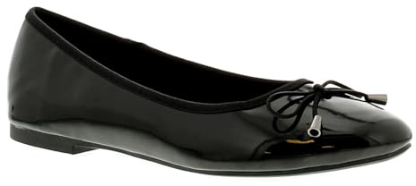 Platino Brittany 2 Women's Patent Black Ballerina Flats, Ladies Slip-On Work Shoes with Bow Detail & Silver-Tone Accents