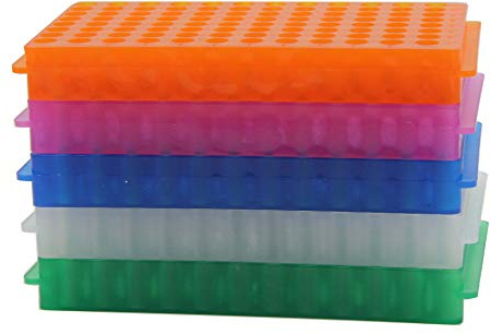 MUHWA Doppelplatten-Ständer für Mikrozentrifugenröhrchen, 96 Positionen, Polypropylen, für 0,2–2 ml, autoklavierbar, sortierte Farben (Blau, Grün, Weiß, Lila, Orange), 5er-Set