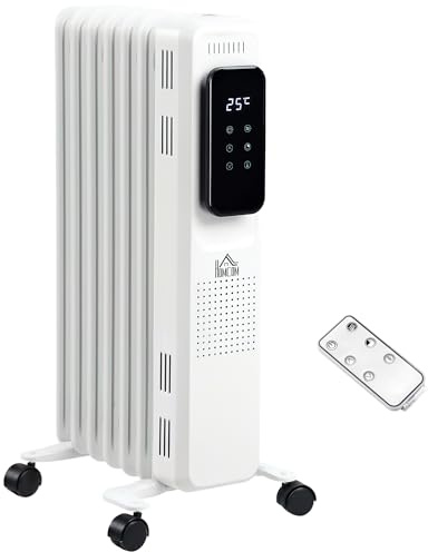HOMCOM 1500W Oil Filled Radiator, 7 Fin Portable Electric Heater with LED Display, 24H Timer, 3 Heat Settings, Adjustable Thermostat, Safety Cut off, Remote Control, White