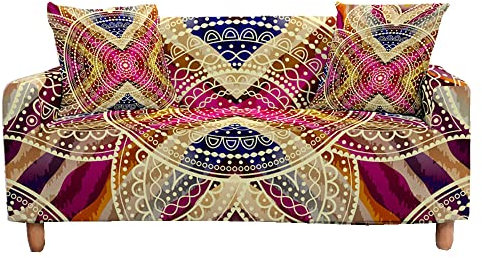 FANSU Mandala Sofabezug 1/2/3/4 Sitze, Rutschfester Waschbarer Sofa Überzug, All-Inclusive Elastischer Sofahusse mit Armlehne, Geeignet für Die Dekoration Von Wohnzimmern (Mehrfarbig,4 Sitzer)