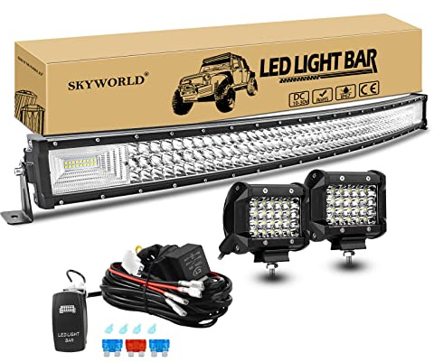 SKYWORLD Zusatzscheinwerfer, 42 Zoll 54000LM Gebogen LED Arbeitsscheinwerfer Offroad Beleuchtung mit 12V kabelbaum kit, 2 x 4 Zoll 6000LM Rückfahrscheinwerfer Auto SUV LKW KFZ 4x4 Fahrzeuge
