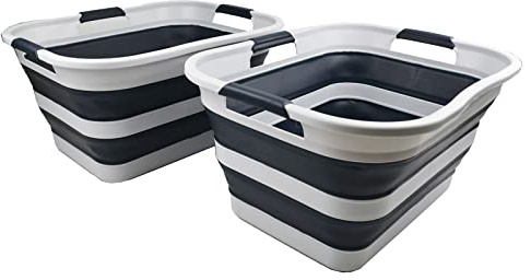 SAMMART 30L(8 gallon) Collapsible Plastic Laundry Basket-Foldable Pop Up Storage Container/Organizer-Portable Washing Tub-Water capacity: 24L(6.3 gallon) (Grey/Slate Grey (Set of 2))