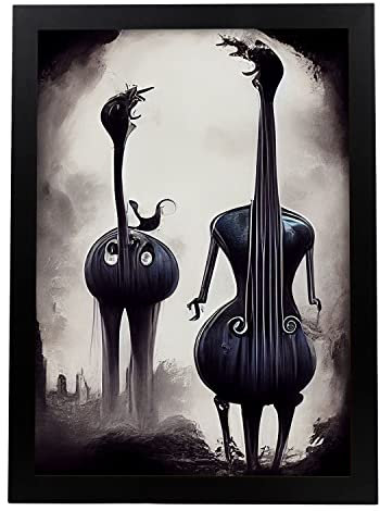 Nacnic Kontrabass im T. Burton Stil. Illustrationen von Jobs und Berufen, inspiriert von Burtons Dark und Goth Kunst. Innenarchitektur und Dekoration. A4 schwarzer Rahmen.